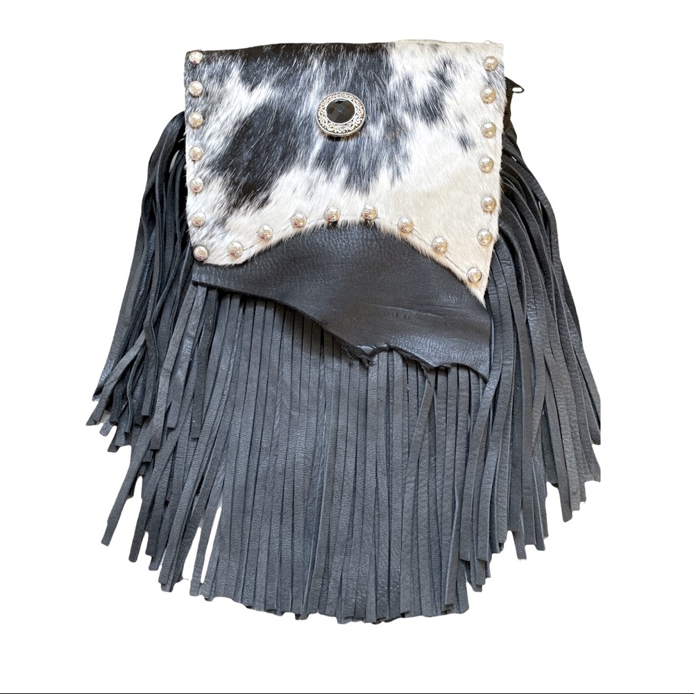 Cowhide and Deerskin Fringe Leather Crossbody, Western Boho Handmade Bag.